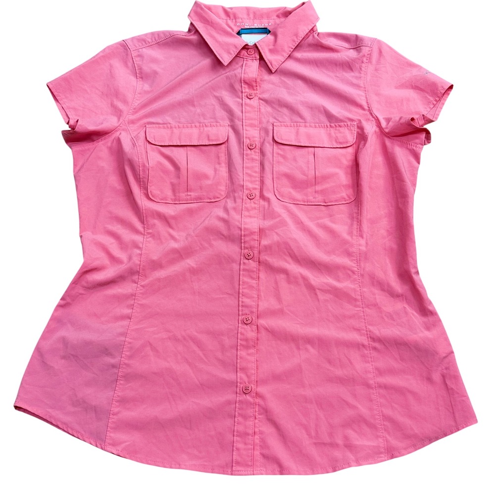 Columbia Omni-Shade Short Sleeve Button Up Shirt Womens L Pink Fishing Hiking